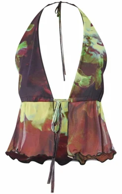 Multi Floral Print Mesh Halterneck Top