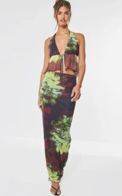 Multi Floral Print Mesh Low Rise Midaxi Skirt