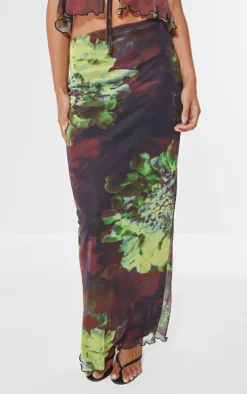 Multi Floral Print Mesh Low Rise Midaxi Skirt