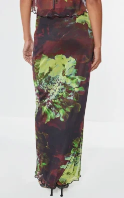 Multi Floral Print Mesh Low Rise Midaxi Skirt