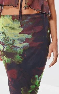 Multi Floral Print Mesh Low Rise Midaxi Skirt