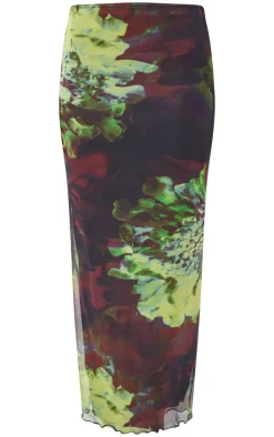 Multi Floral Print Mesh Low Rise Midaxi Skirt