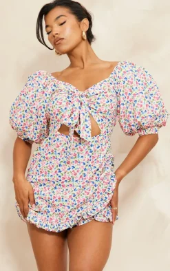 Multi Floral Print Puff Sleeve Tie Front Bodycon Dress