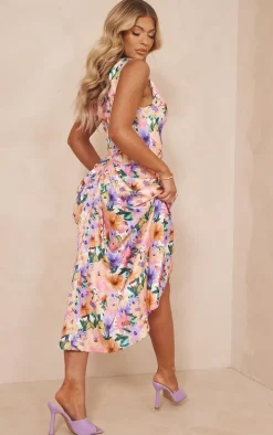 Multi Floral Print Satin Off The Shoulder Draped Skirt Midi Dress