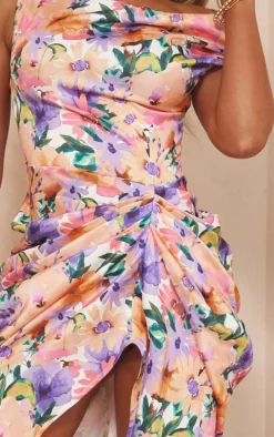 Multi Floral Print Satin Off The Shoulder Draped Skirt Midi Dress