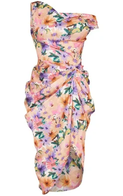 Multi Floral Print Satin Off The Shoulder Draped Skirt Midi Dress