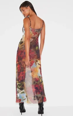Multi Floral Printed Mesh Ruffle Tiered Long Bralet
