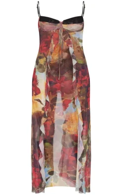 Multi Floral Printed Mesh Ruffle Tiered Long Bralet