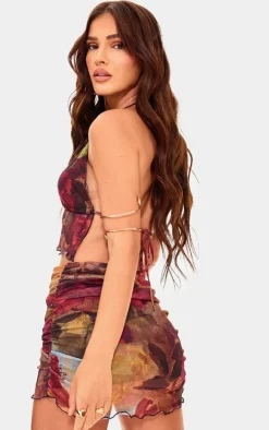 Multi Floral Printed Mesh Halterneck Top