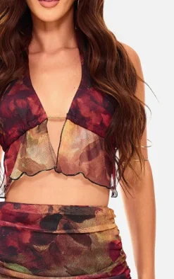 Multi Floral Printed Mesh Halterneck Top