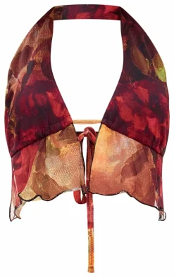 Multi Floral Printed Mesh Halterneck Top