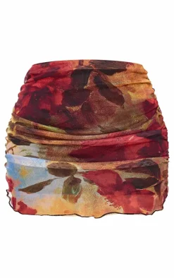 Multi Floral Printed Mesh Ruched Mini Skirt