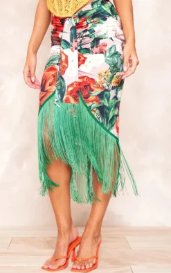 Multi Floral Printed Tassel Hem Midi Skirt