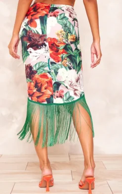 Multi Floral Printed Tassel Hem Midi Skirt