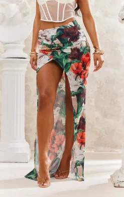 Multi Floral Ruched Maxi Skirt