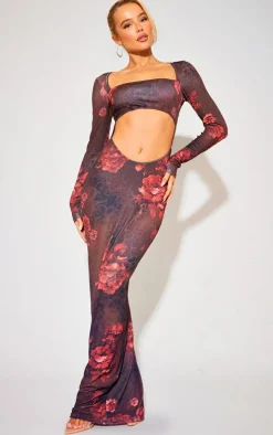 Multi Floral Sheer Long Sleeve Cut Out Maxi Dress