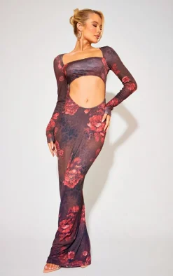 Multi Floral Sheer Long Sleeve Cut Out Maxi Dress