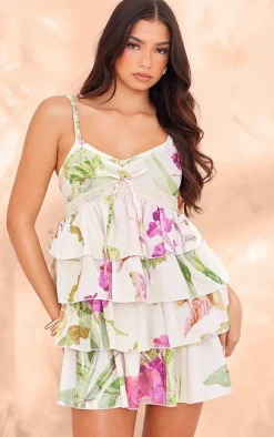 Multi Floral Tiered Frill Shift Dress