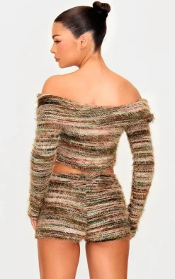 Multi Fluffy Textured Foldover Bardot Top