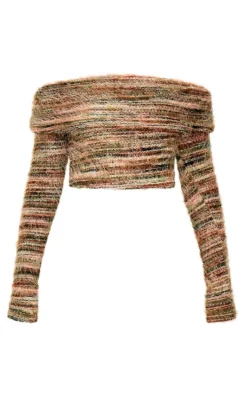 Multi Fluffy Textured Foldover Bardot Top