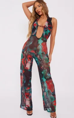 Multi Grunge Print Frill Wide Leg Halterneck Jumpsuit