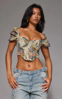 Multi Jacquard Floral Puff Sleeve Crop Top