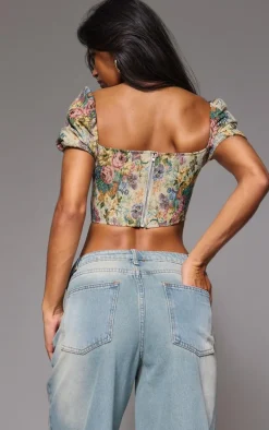 Multi Jacquard Floral Puff Sleeve Crop Top