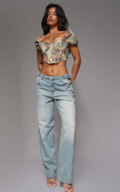 Multi Jacquard Floral Puff Sleeve Crop Top