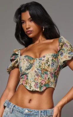 Multi Jacquard Floral Puff Sleeve Crop Top