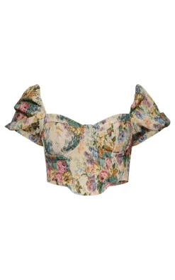 Multi Jacquard Floral Puff Sleeve Crop Top