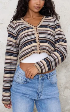Multi Knit Jacquard Stripe Cropped Cardigan