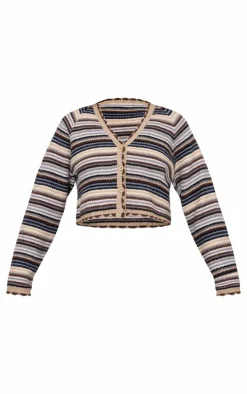 Multi Knit Jacquard Stripe Cropped Cardigan