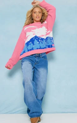 Multi Landscape Jacquard Toweling Knit Sweater