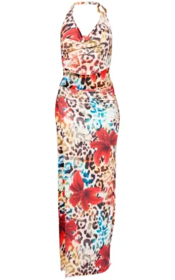 Multi Leopard Floral Print Slinky Cowl Neck Trim Detail Maxi Dress
