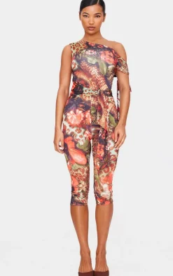 Multi Leopard Print Double Layer Slinky Tie Detail Capri Jumpsuit