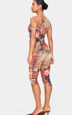 Multi Leopard Print Double Layer Slinky Tie Detail Capri Jumpsuit
