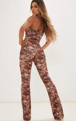 Multi Leopard Print Plisse Cowl Strappy Jumpsuit