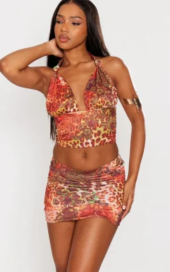 Multi Leopard Print Slinky Tie Up Halterneck Top