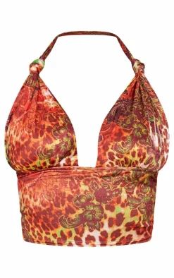 Multi Leopard Print Slinky Tie Up Halterneck Top