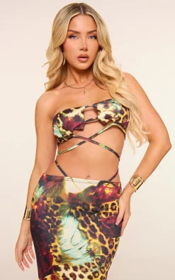 Multi Leopard Print Slinky Bandeau Tie Top