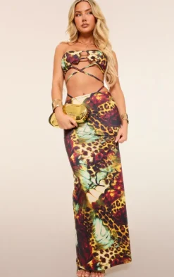 Multi Leopard Print Slinky Bandeau Tie Top