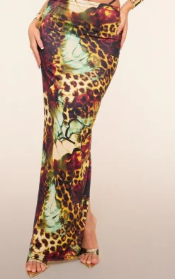 Multi Leopard Print Slinky Tie Maxi Skirt