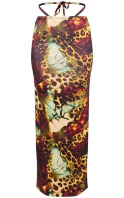 Multi Leopard Print Slinky Tie Maxi Skirt
