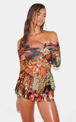 Multi Leopard Print Slinky Long Sleeve Bardot Rara Skort Romper