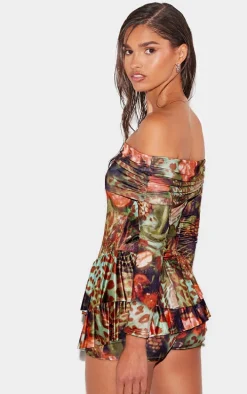 Multi Leopard Print Slinky Long Sleeve Bardot Rara Skort Romper