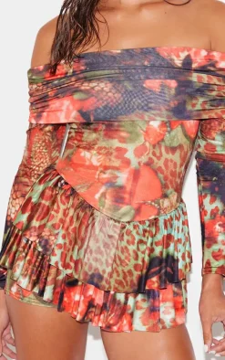 Multi Leopard Print Slinky Long Sleeve Bardot Rara Skort Romper