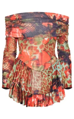 Multi Leopard Print Slinky Long Sleeve Bardot Rara Skort Romper