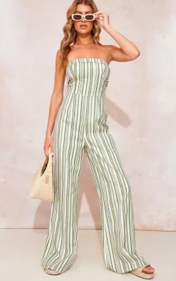 Multi Linen Look Pinstripe Bandeau Fold Over Jumpsuit