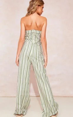 Multi Linen Look Pinstripe Bandeau Fold Over Jumpsuit