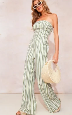 Multi Linen Look Pinstripe Bandeau Fold Over Jumpsuit